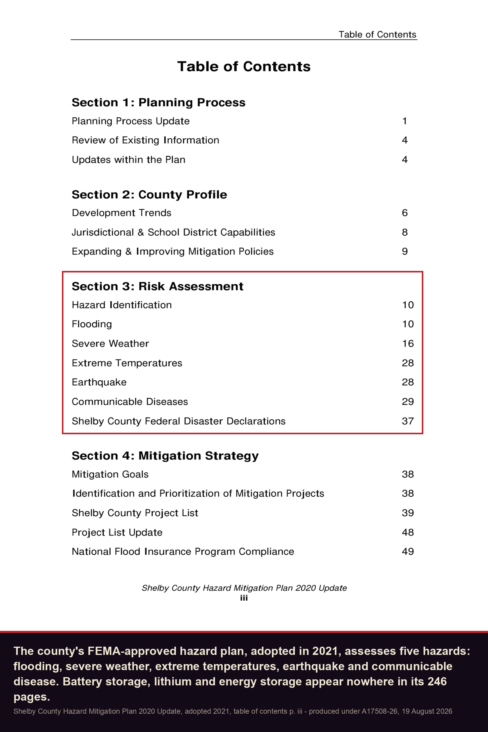 The 2021 hazard plan's contents page, listing five hazards - only four sections were written