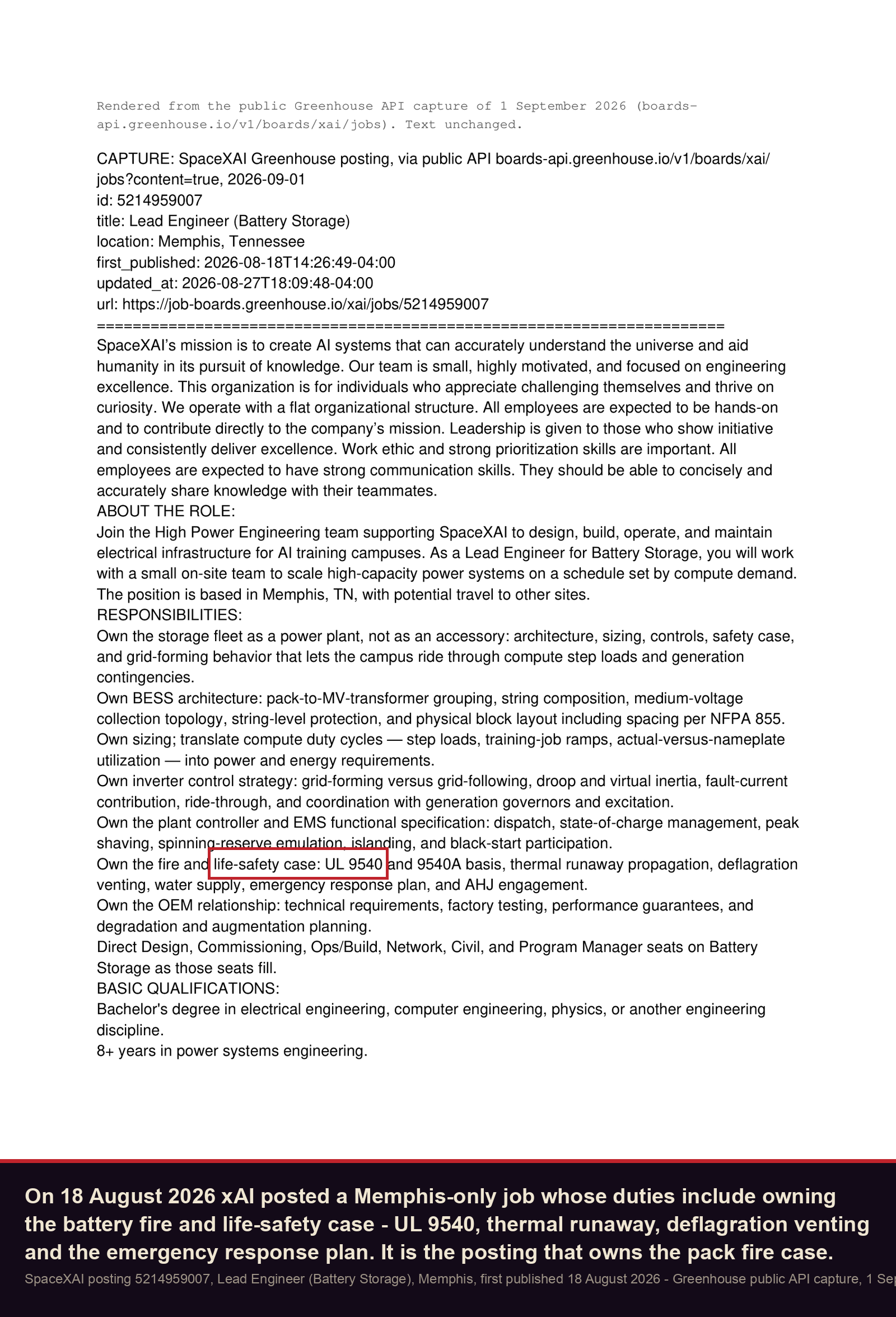 The job posting that owns the fire and life-safety case