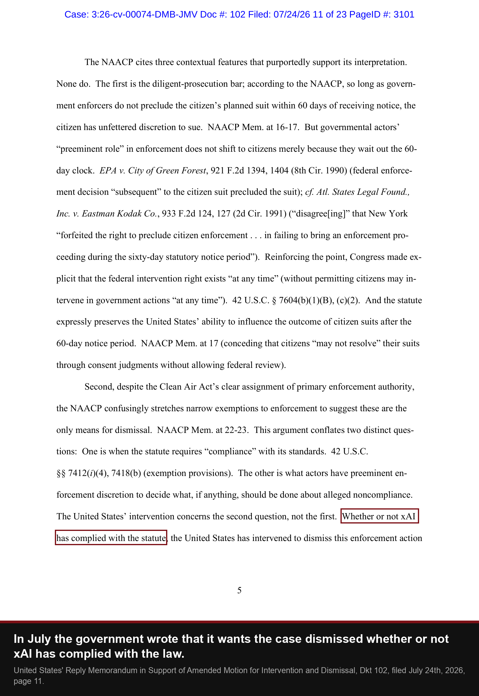 Dkt 102, page 11: whether or not xAI has complied with the statute, the United States has intervened to dismiss this enforcement action