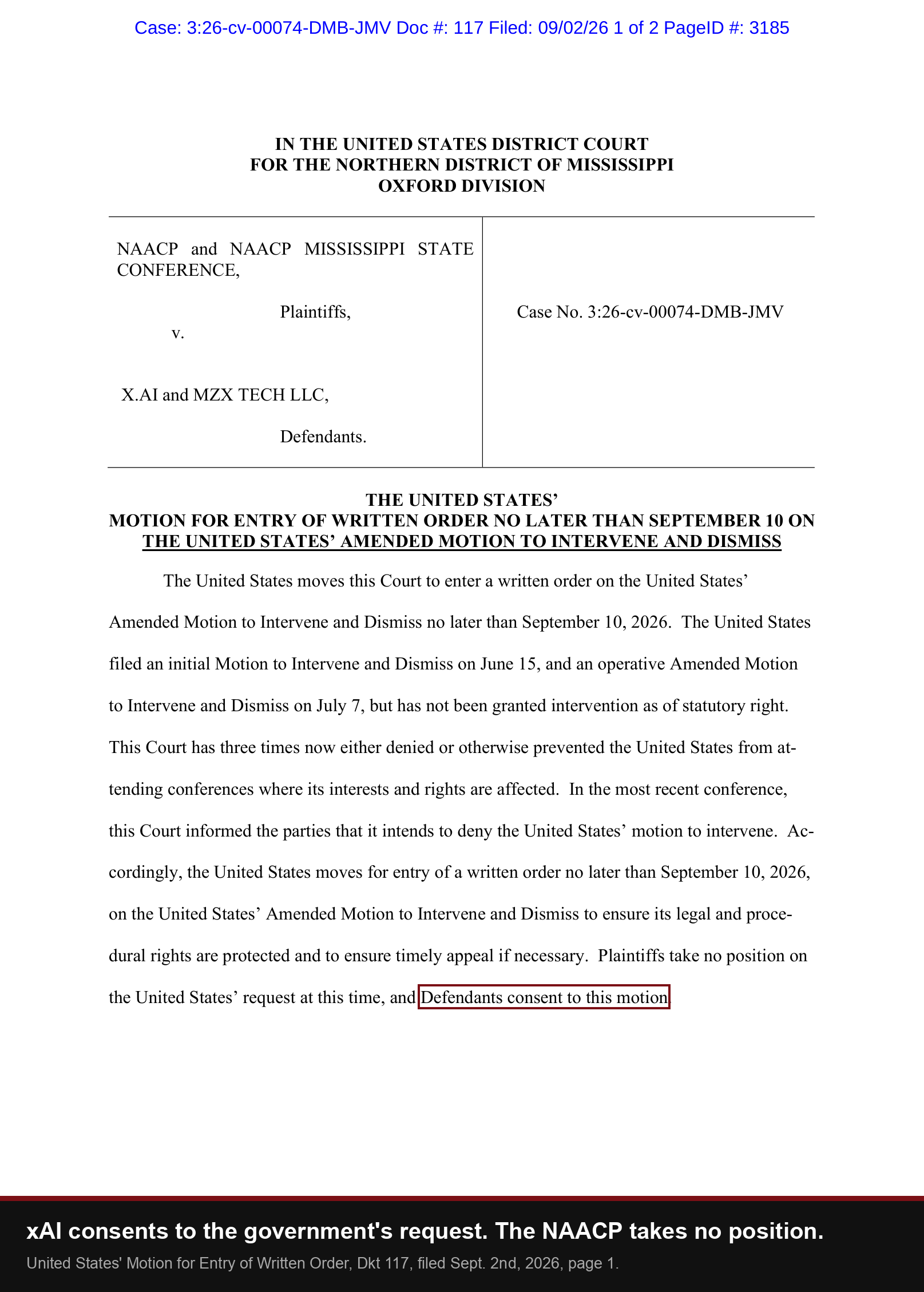 Dkt 117, page 1: the plaintiffs take no position on the request and the defendants consent to the motion
