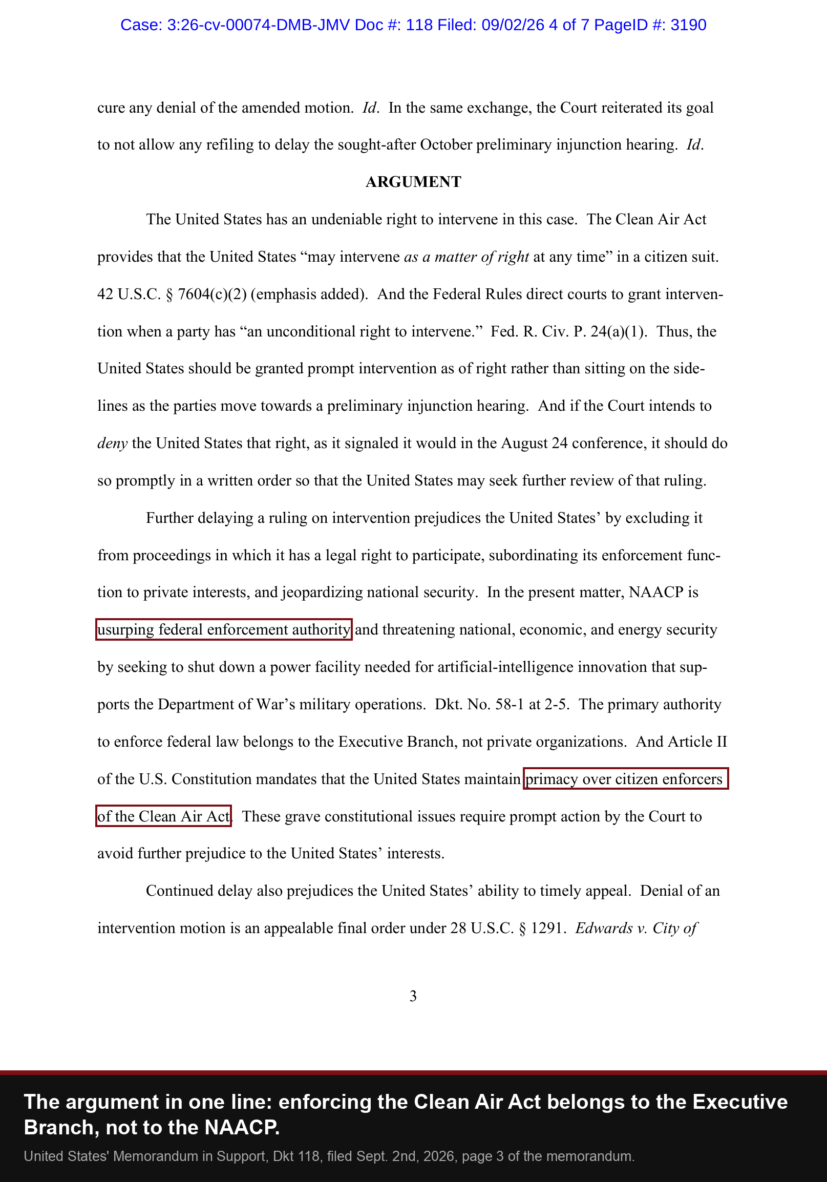 Dkt 118: the government argues the NAACP is usurping federal enforcement authority and that Article II gives the United States primacy over citizen enforcers of the Clean Air Act