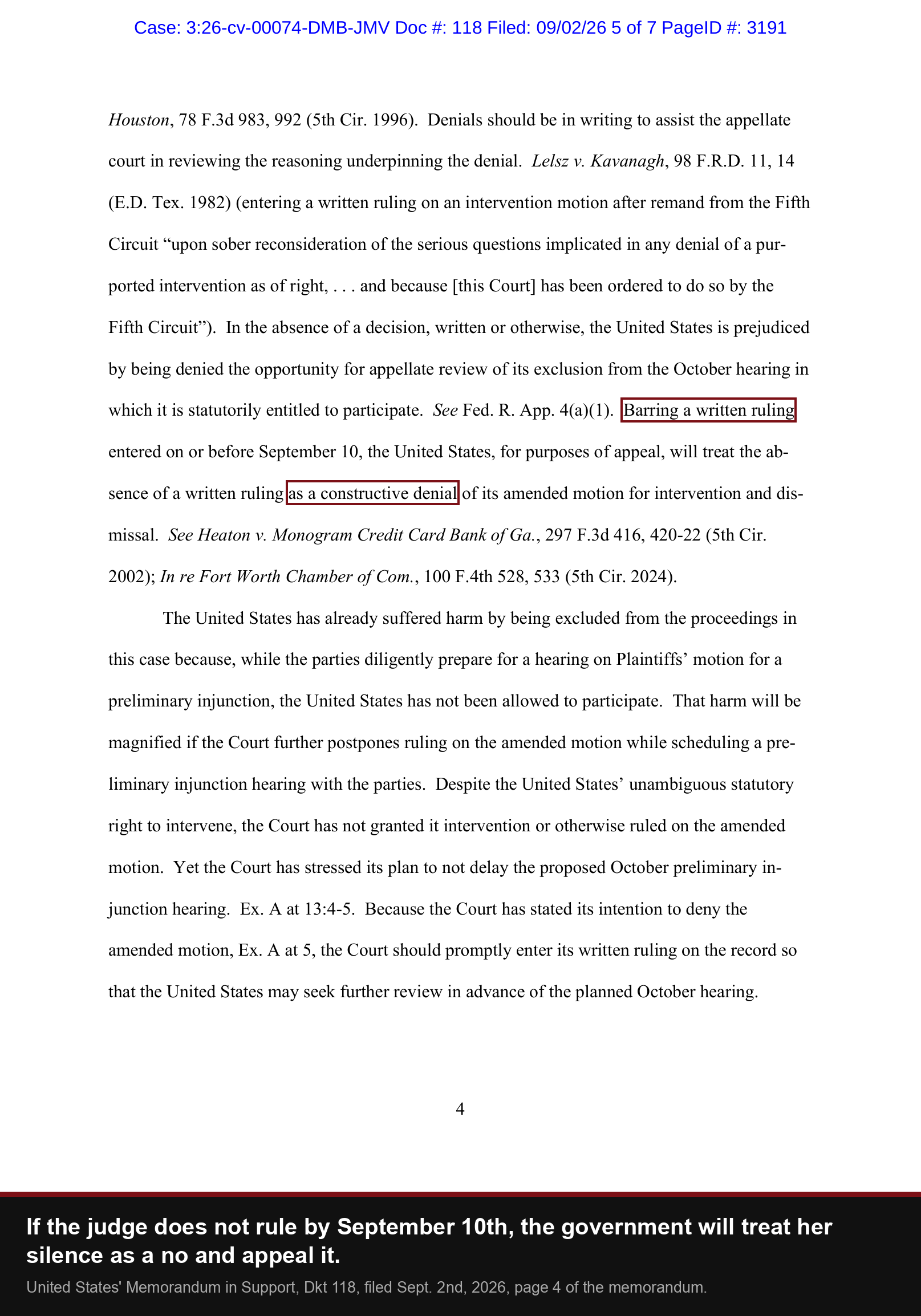 Dkt 118: barring a written ruling on or before September 10 the United States will treat the absence of one as a constructive denial for purposes of appeal
