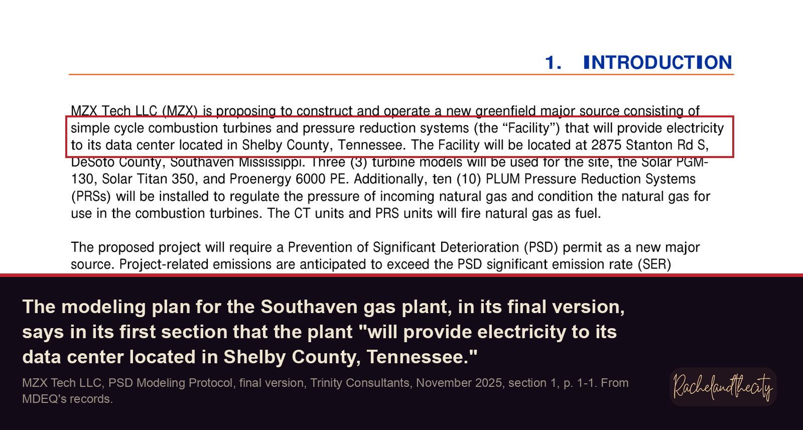 The modeling plan's first section: the plant will provide electricity to its data center in Shelby County, Tennessee