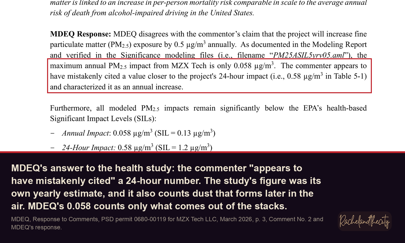 MDEQ's answer: the commenter appears to have mistakenly cited a 24-hour number