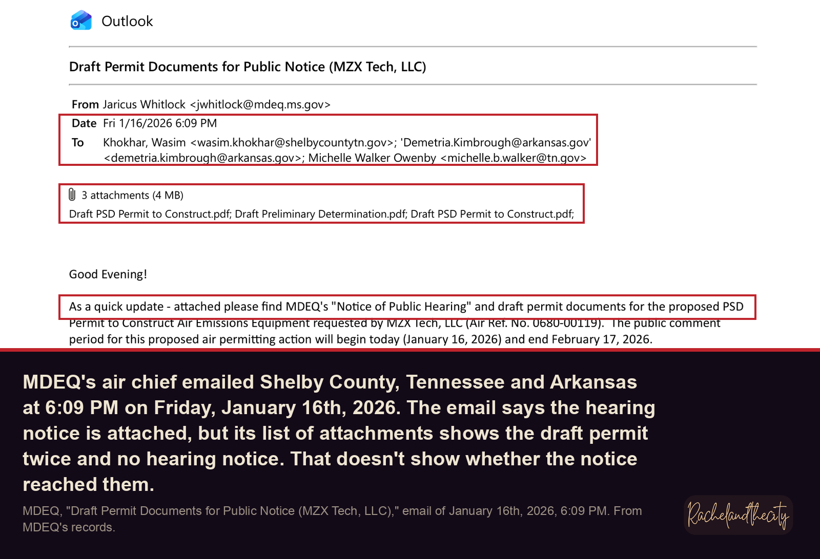 MDEQ's January 16th, 2026 email to Shelby County, Tennessee and Arkansas, and its attachment list