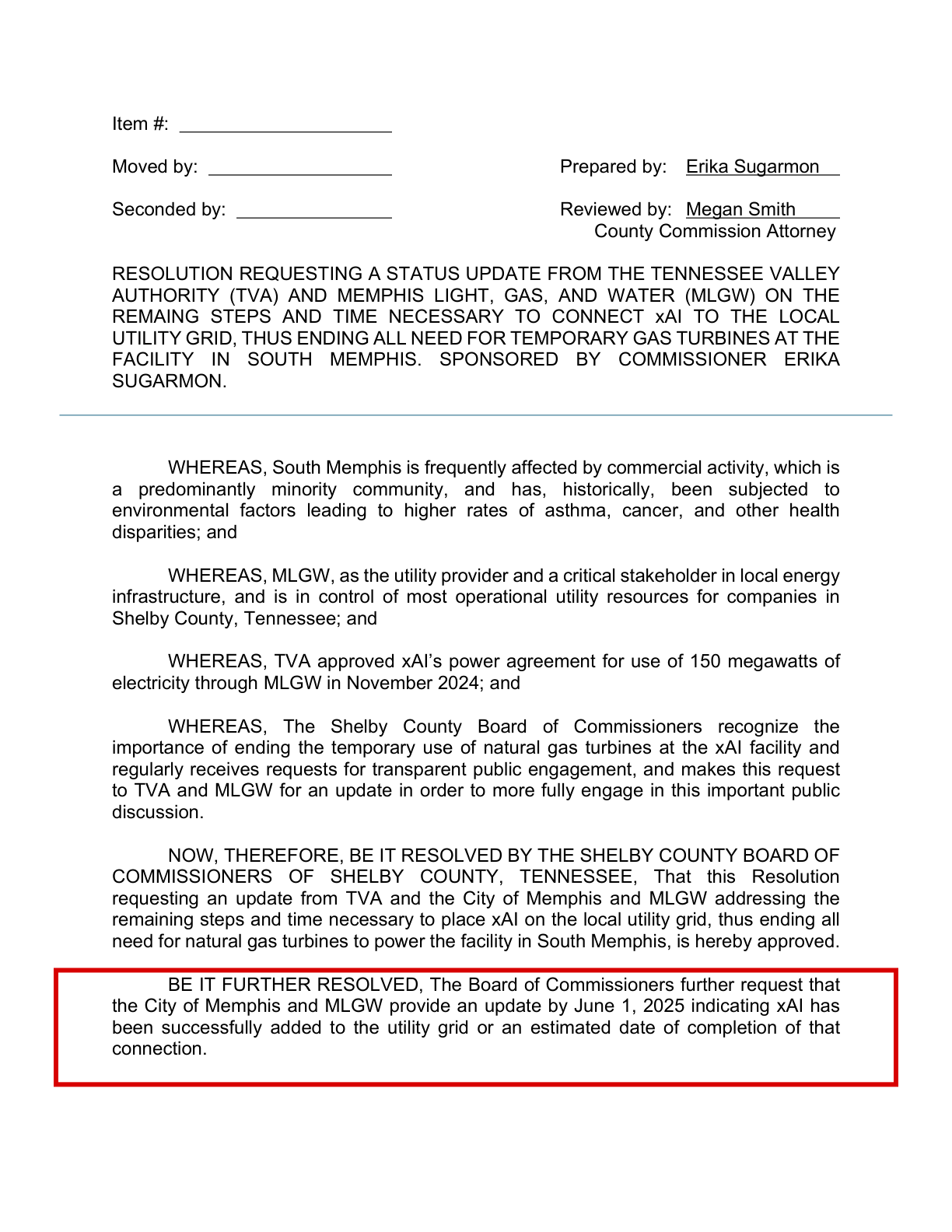Shelby County Commission resolution, 2025: asking TVA, the City and MLGW for an update by June 1, 2025 on connecting xAI to the grid