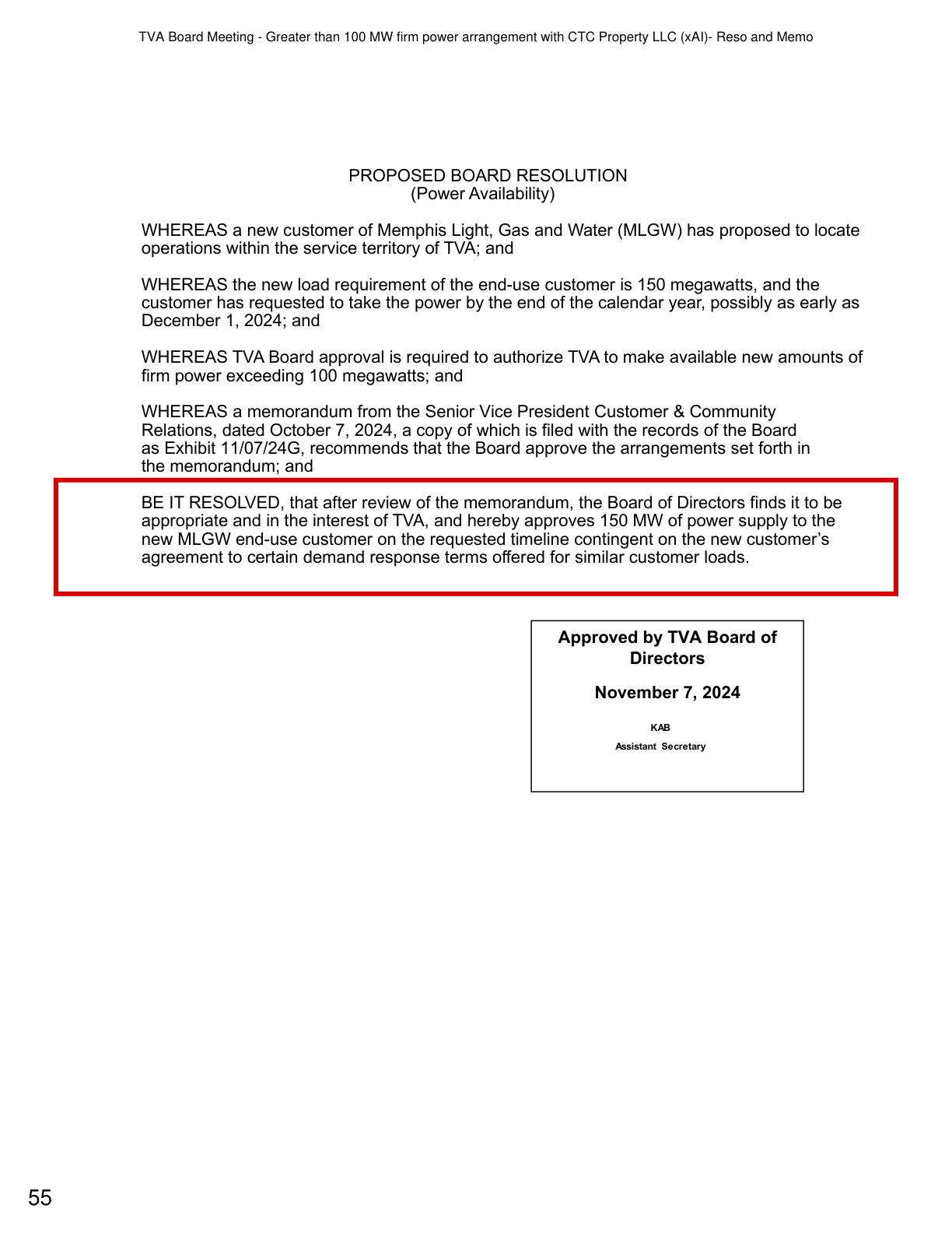 TVA board resolution, November 7, 2024: 150 MW for the new MLGW customer, contingent on demand response terms