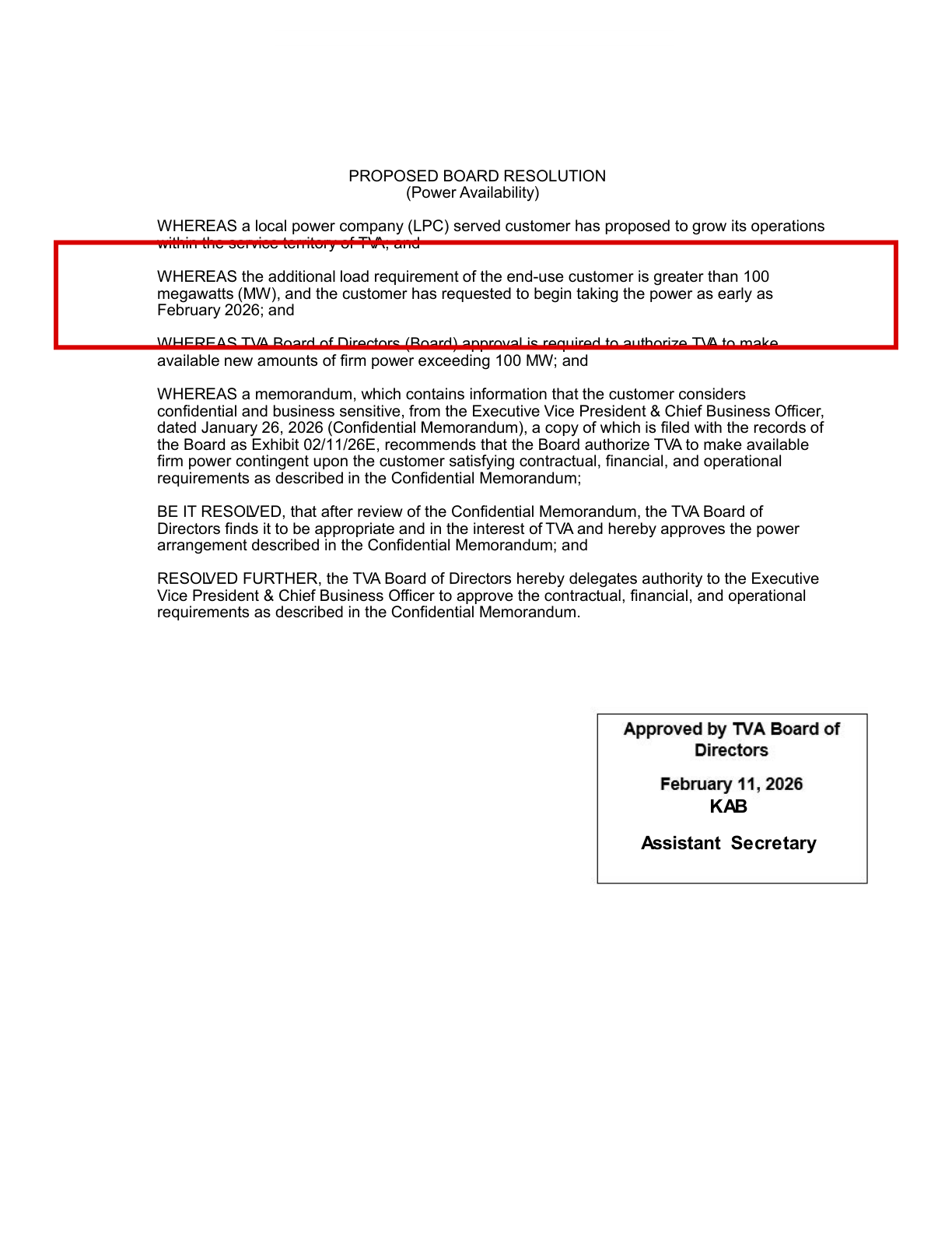 TVA board resolution, February 11, 2026: an expansion greater than 100 MW for an unnamed MLGW customer, on a confidential memorandum