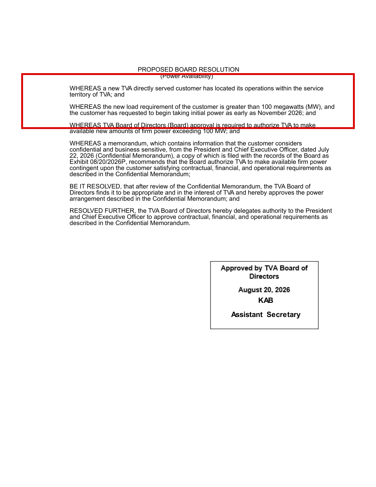 TVA board resolution, August 20, 2026: a new directly served customer over 100 MW, initial power as early as November 2026