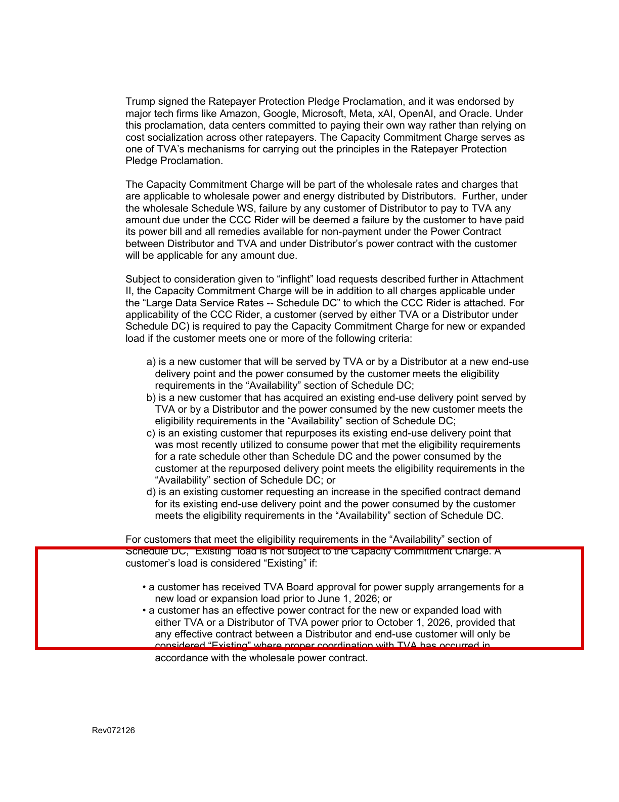 TVA board, August 20, 2026: load approved before June 1, 2026 counts as existing and is exempt from the charge