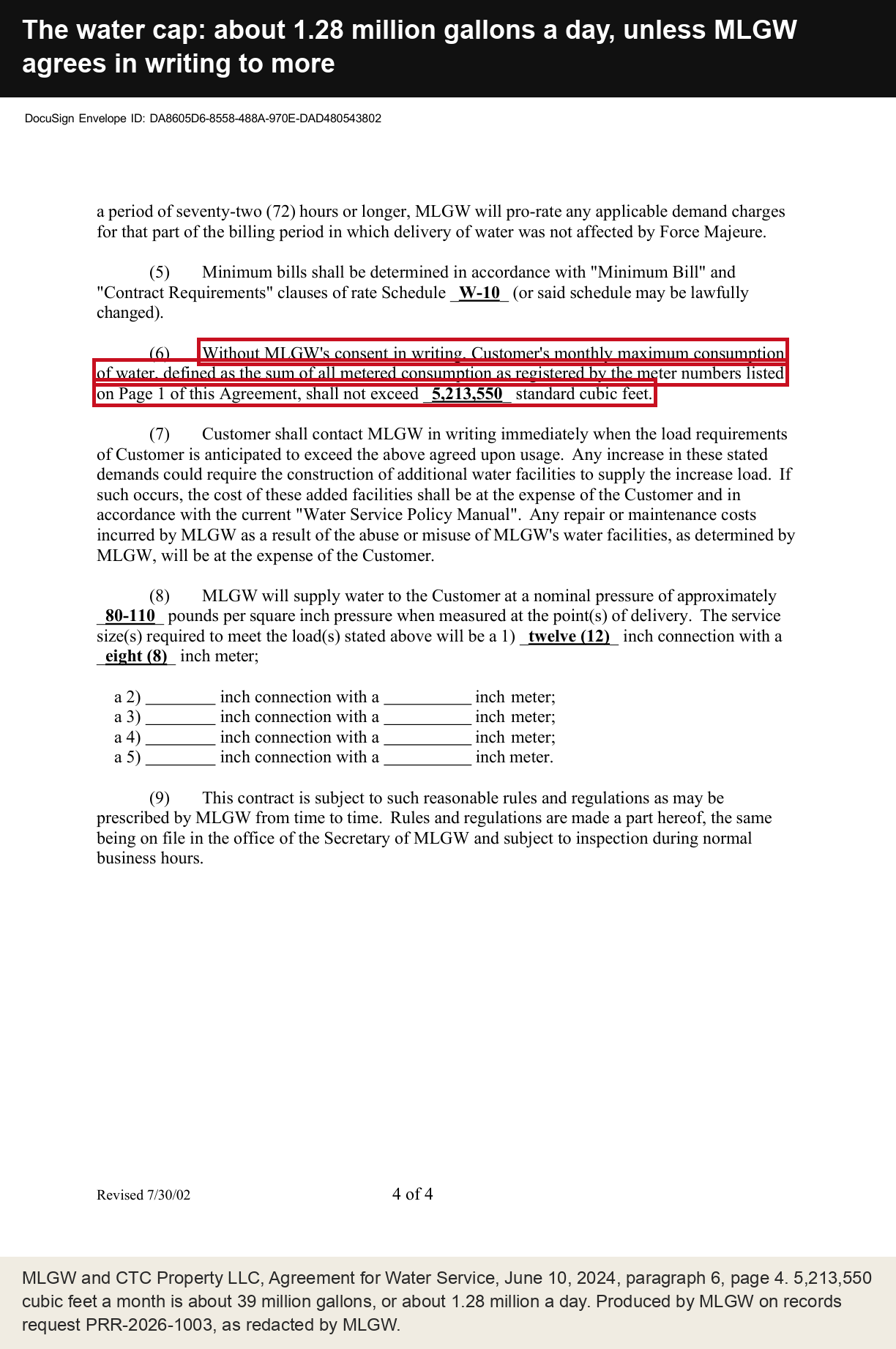 MLGW and CTC Property water service agreement, June 10, 2024, page 4: monthly maximum of 5,213,550 cubic feet without MLGW's written consent