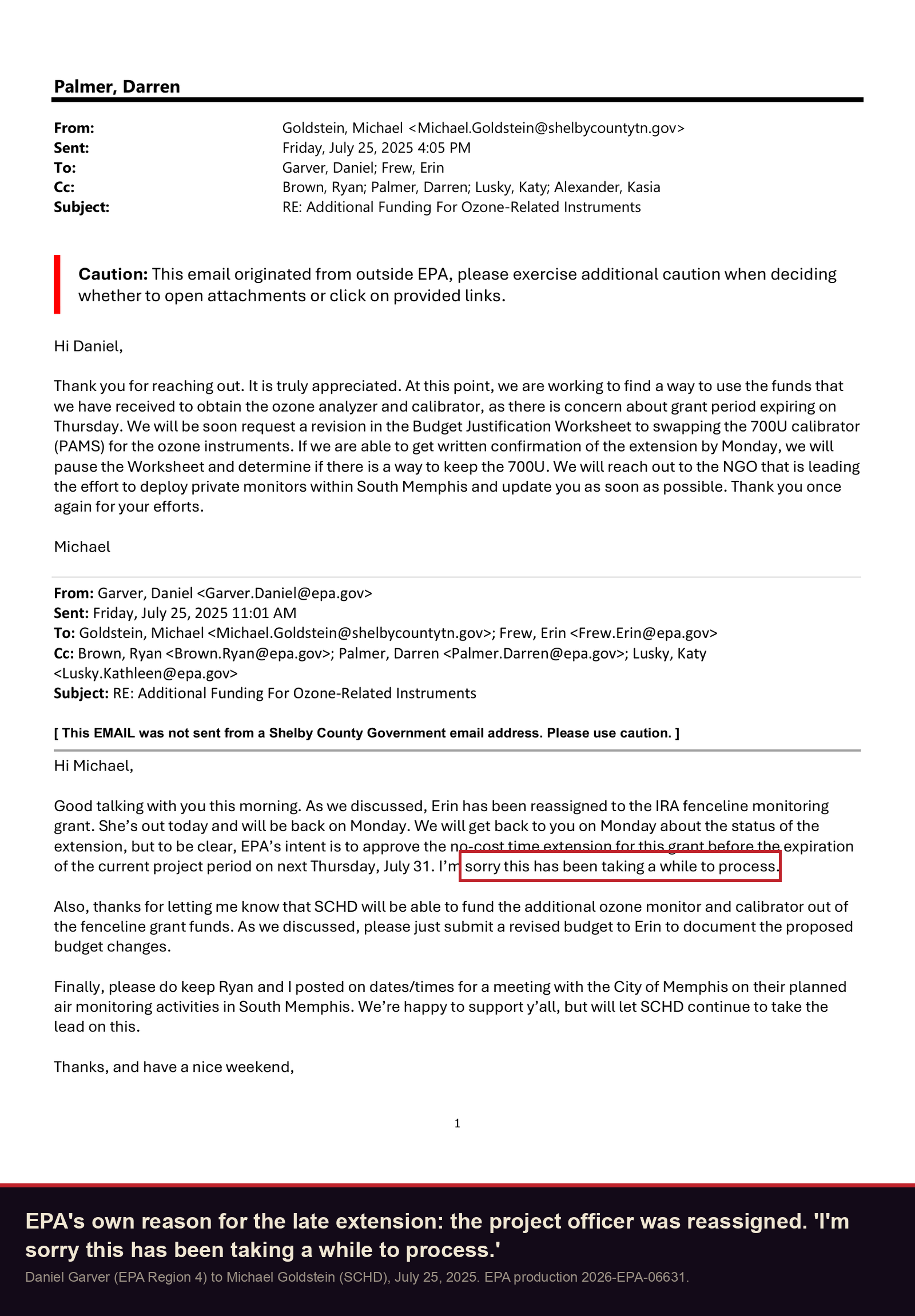 EPA to the Health Department, July 25, 2025: the project officer has been reassigned, sorry this has been taking a while to process