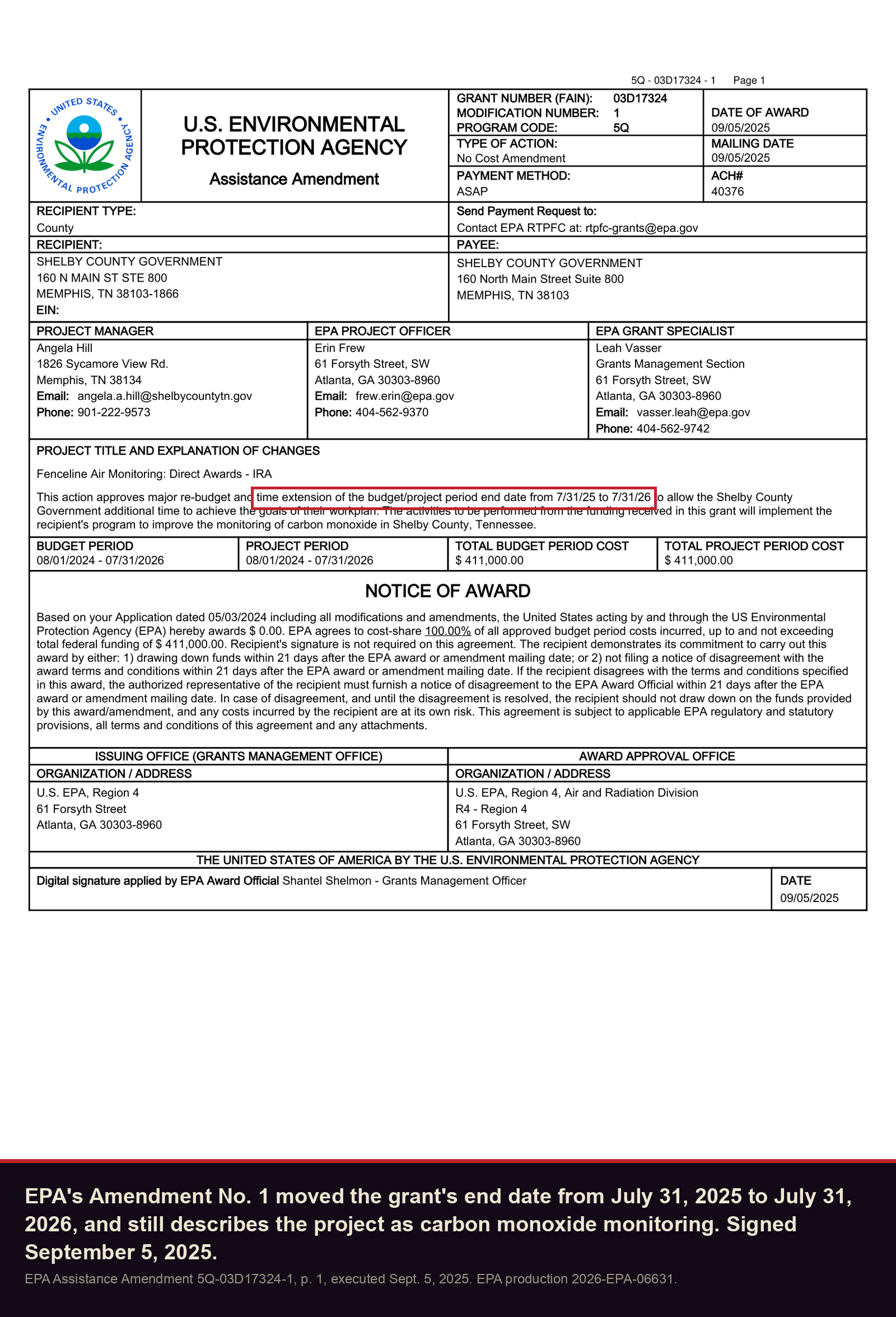 EPA Assistance Amendment No. 1, signed September 5, 2025: end date moved from July 31, 2025 to July 31, 2026