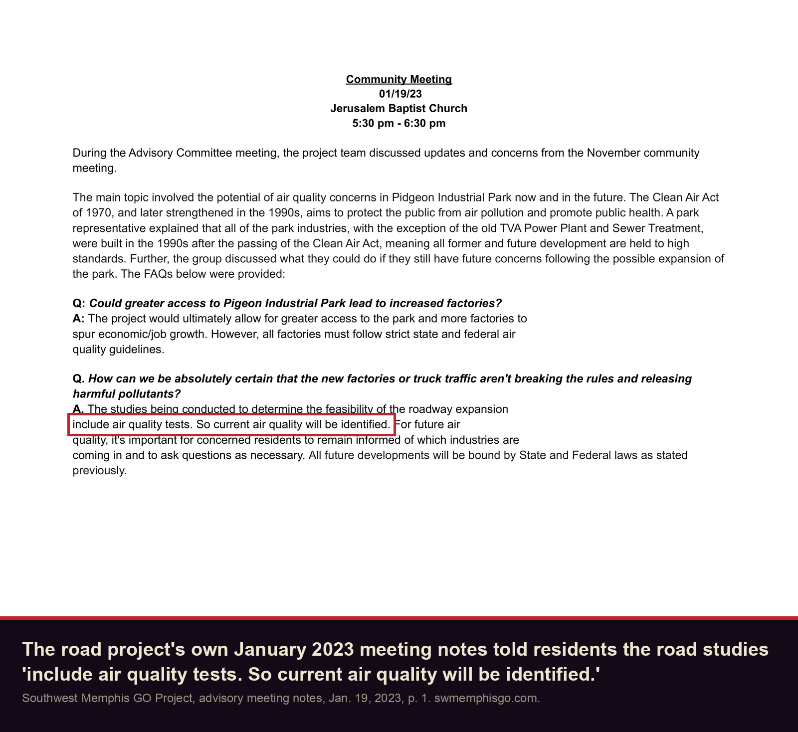 GO Project advisory meeting notes, January 19, 2023: the road studies include air quality tests, so current air quality will be identified