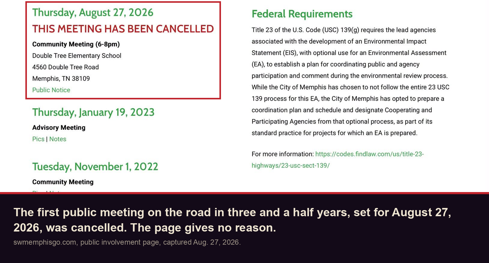 The city's GO Project page: the August 27, 2026 community meeting has been cancelled
