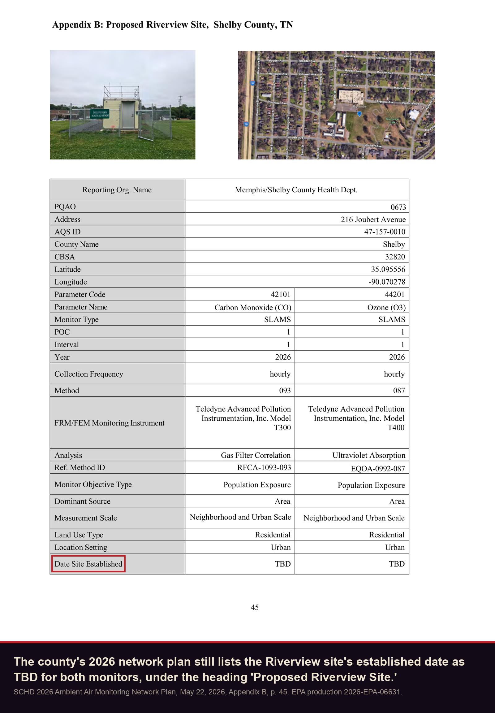 Shelby County 2026 network plan, Appendix B: Proposed Riverview Site, Date Site Established TBD