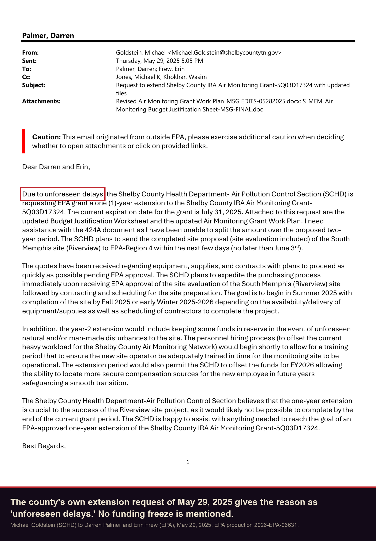 Shelby County Health Department to EPA, May 29, 2025: due to unforeseen delays, requesting a one-year extension
