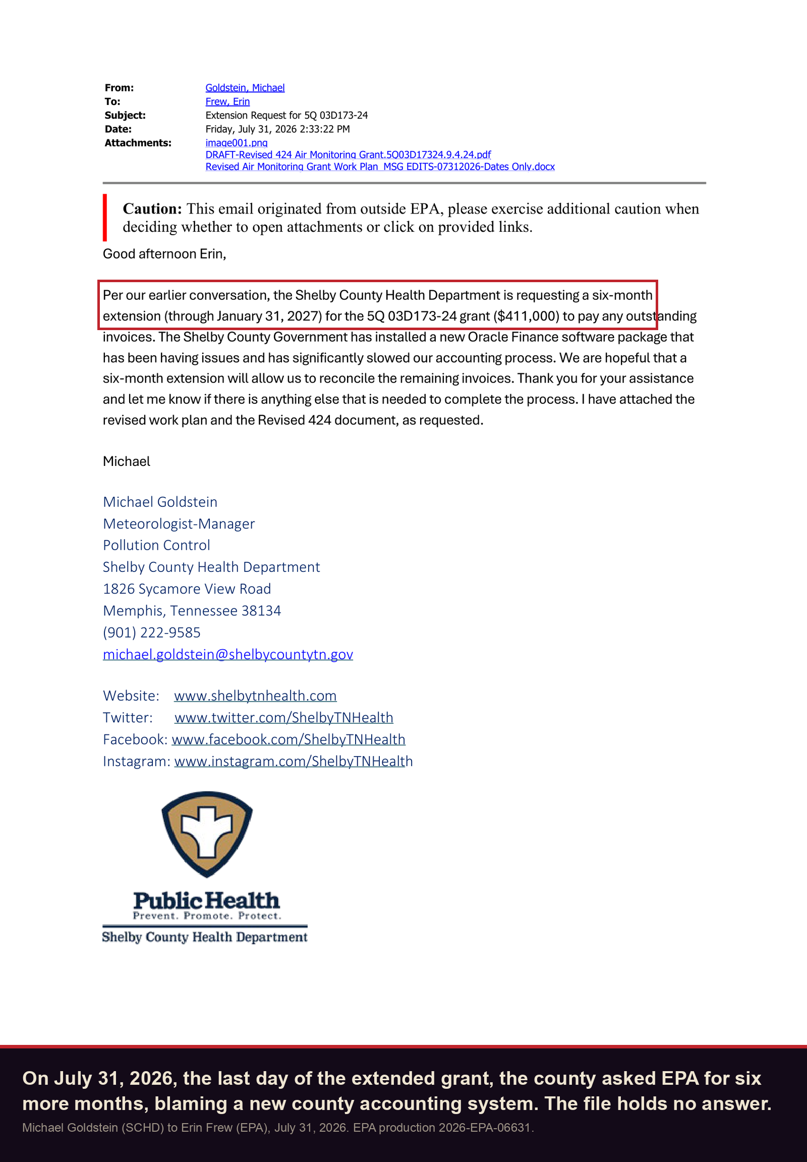 Health Department to EPA, July 31, 2026: requesting a six-month extension through January 31, 2027