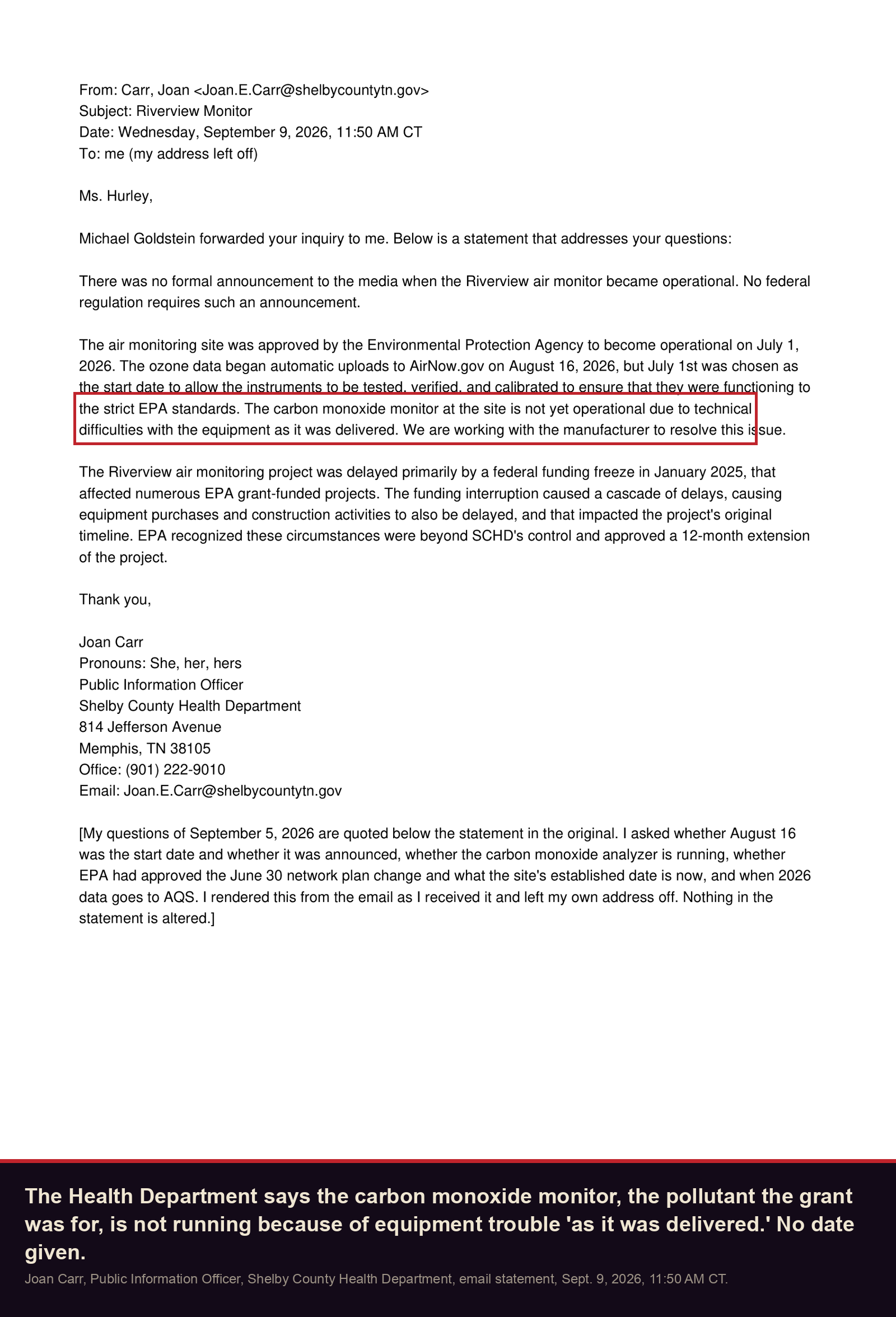 Shelby County Health Department statement, September 9, 2026: the carbon monoxide monitor is not yet operational due to technical difficulties with the equipment as it was delivered