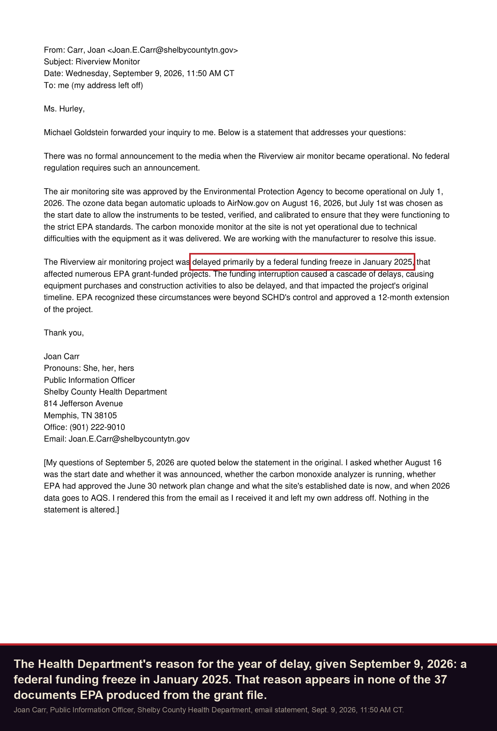 Shelby County Health Department statement, September 9, 2026: the project was delayed primarily by a federal funding freeze in January 2025