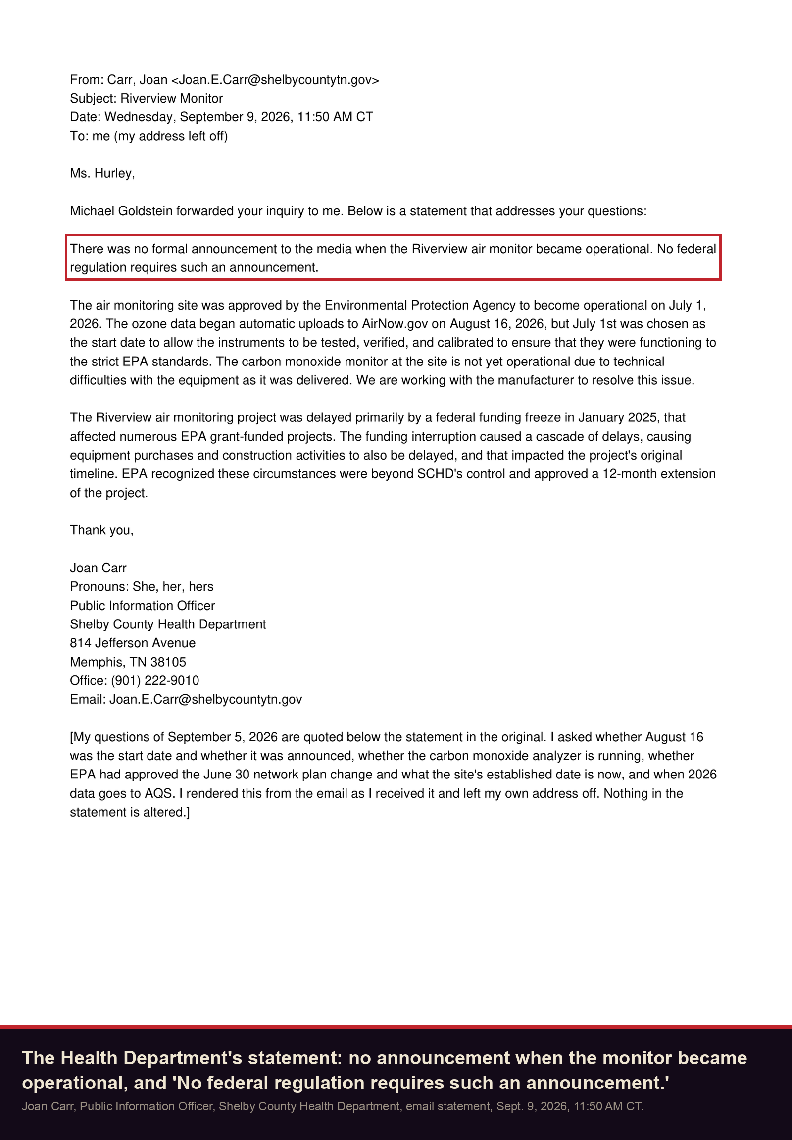 Shelby County Health Department statement, September 9, 2026: no formal announcement when the Riverview monitor became operational, and no federal regulation requires one