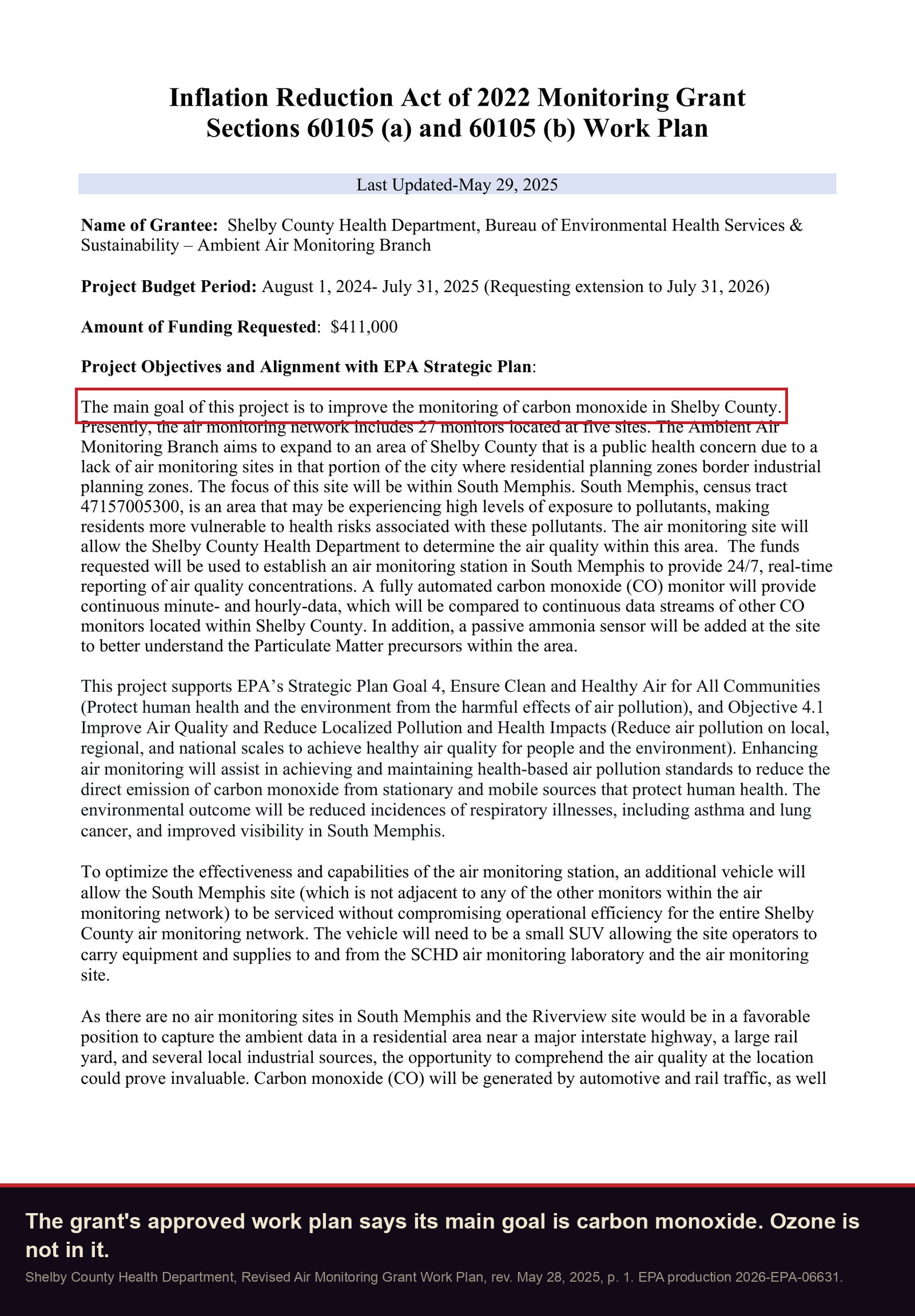 The grant's approved work plan: the main goal of this project is to improve the monitoring of carbon monoxide in Shelby County