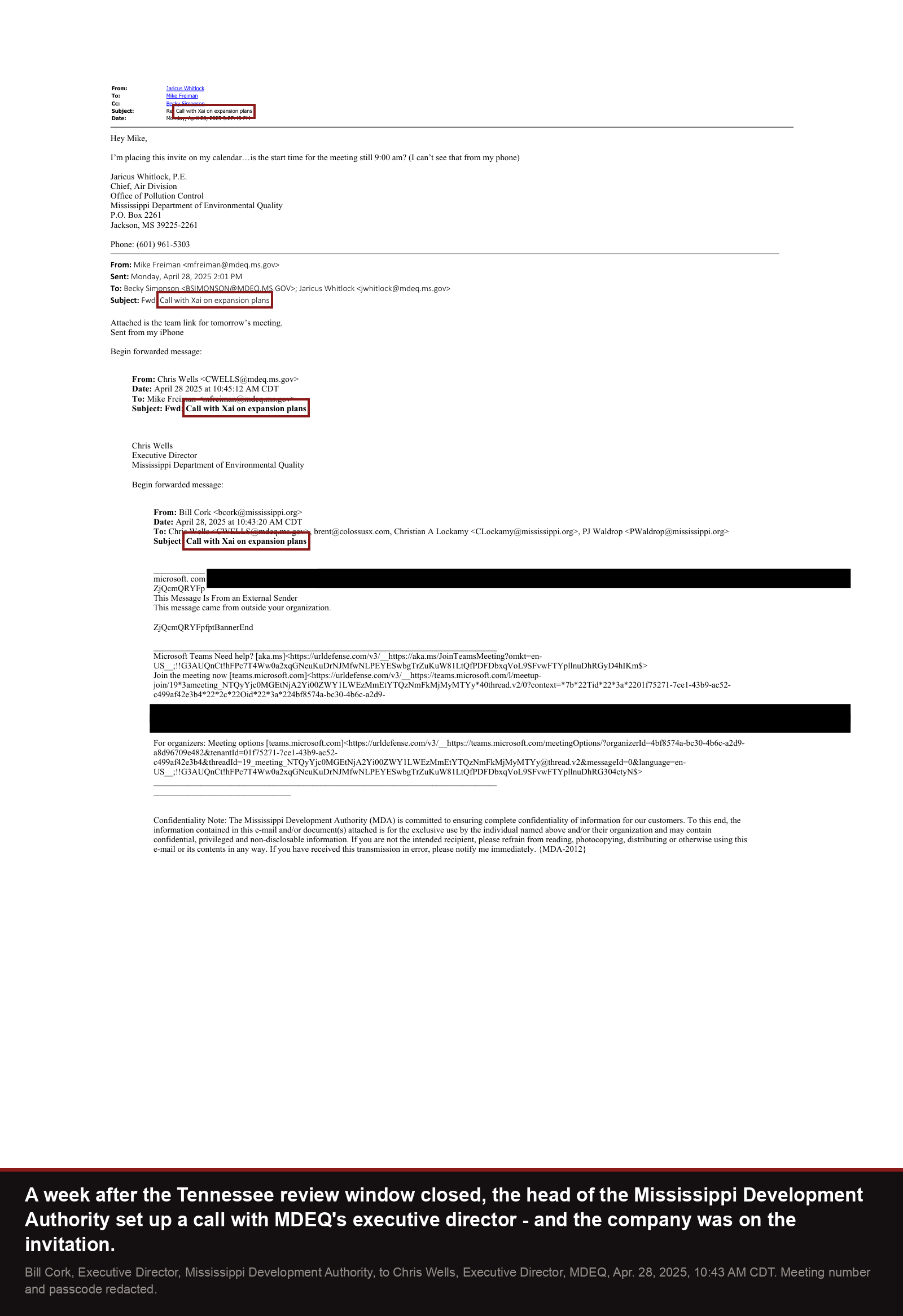 Bill Cork of the Mississippi Development Authority, April 28, 2025: Call with Xai on expansion plans, to MDEQ's executive director with the company copied