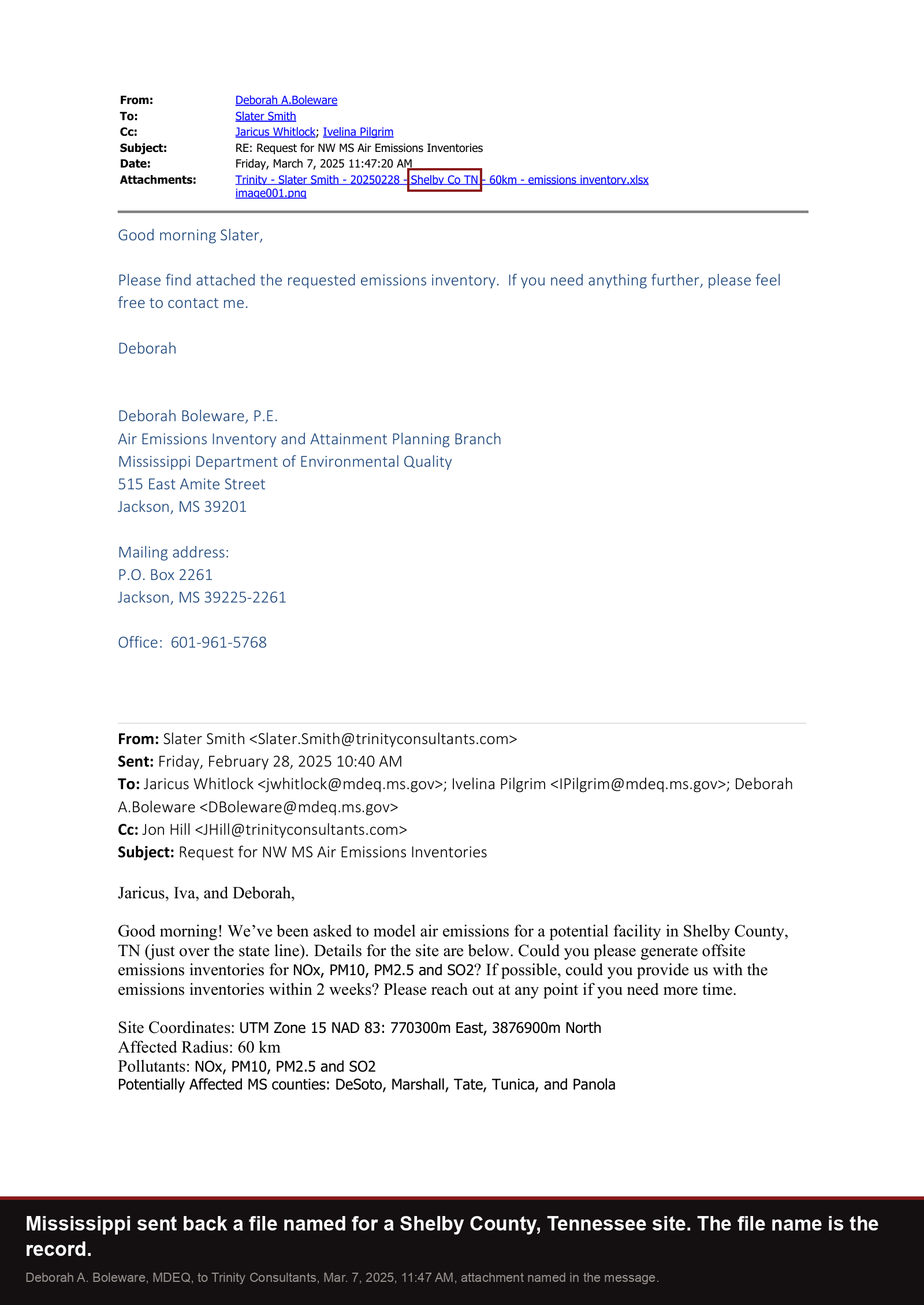 MDEQ's reply of March 7, 2025, attaching a file named Trinity - Slater Smith - 20250228 - Shelby Co TN - 60km - emissions inventory