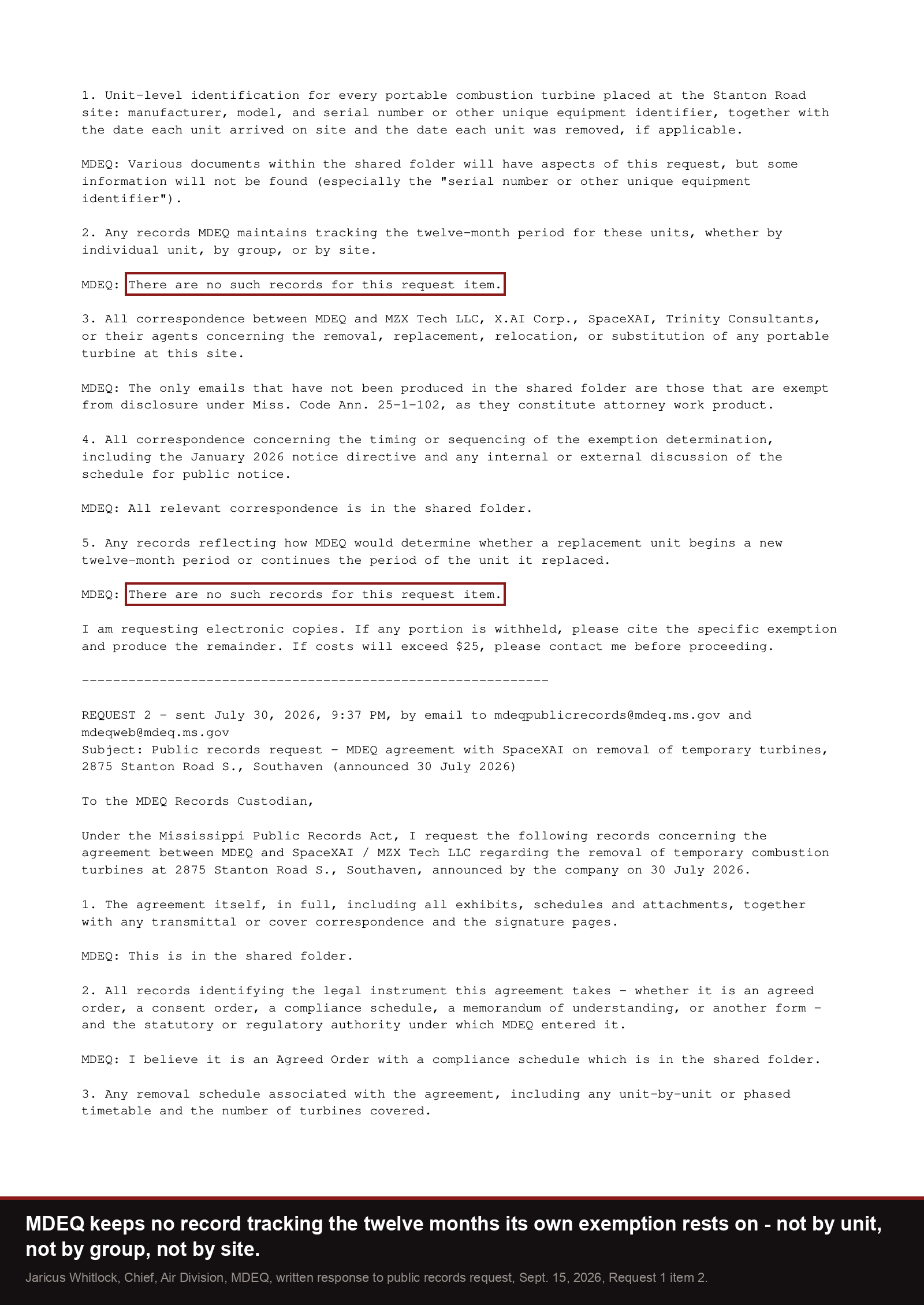 MDEQ's written answer, September 15, 2026: there are no such records for this request item, on tracking the twelve-month period and on how a replacement unit would be treated