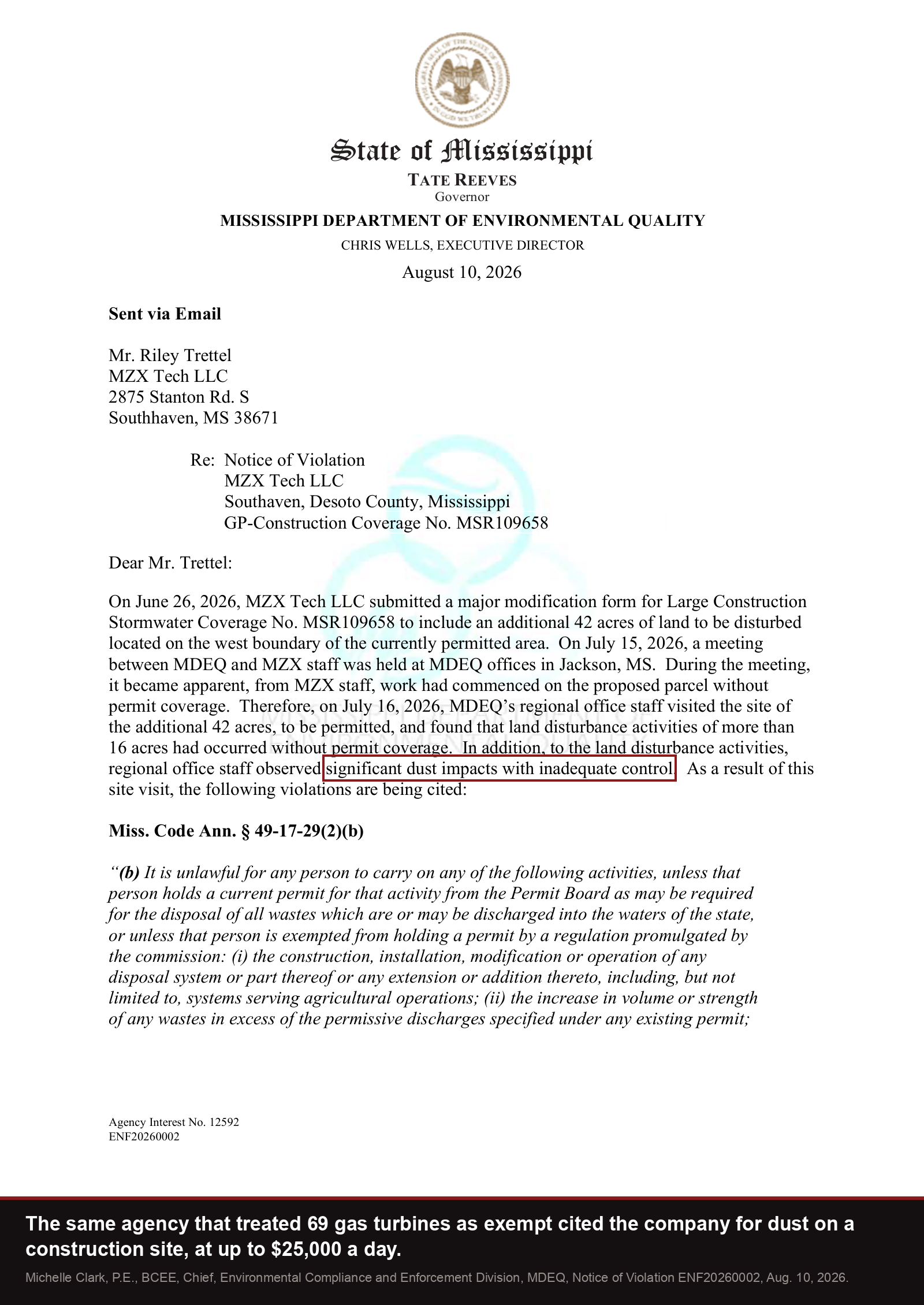 MDEQ Notice of Violation, August 10, 2026: regional office staff observed significant dust impacts with inadequate control