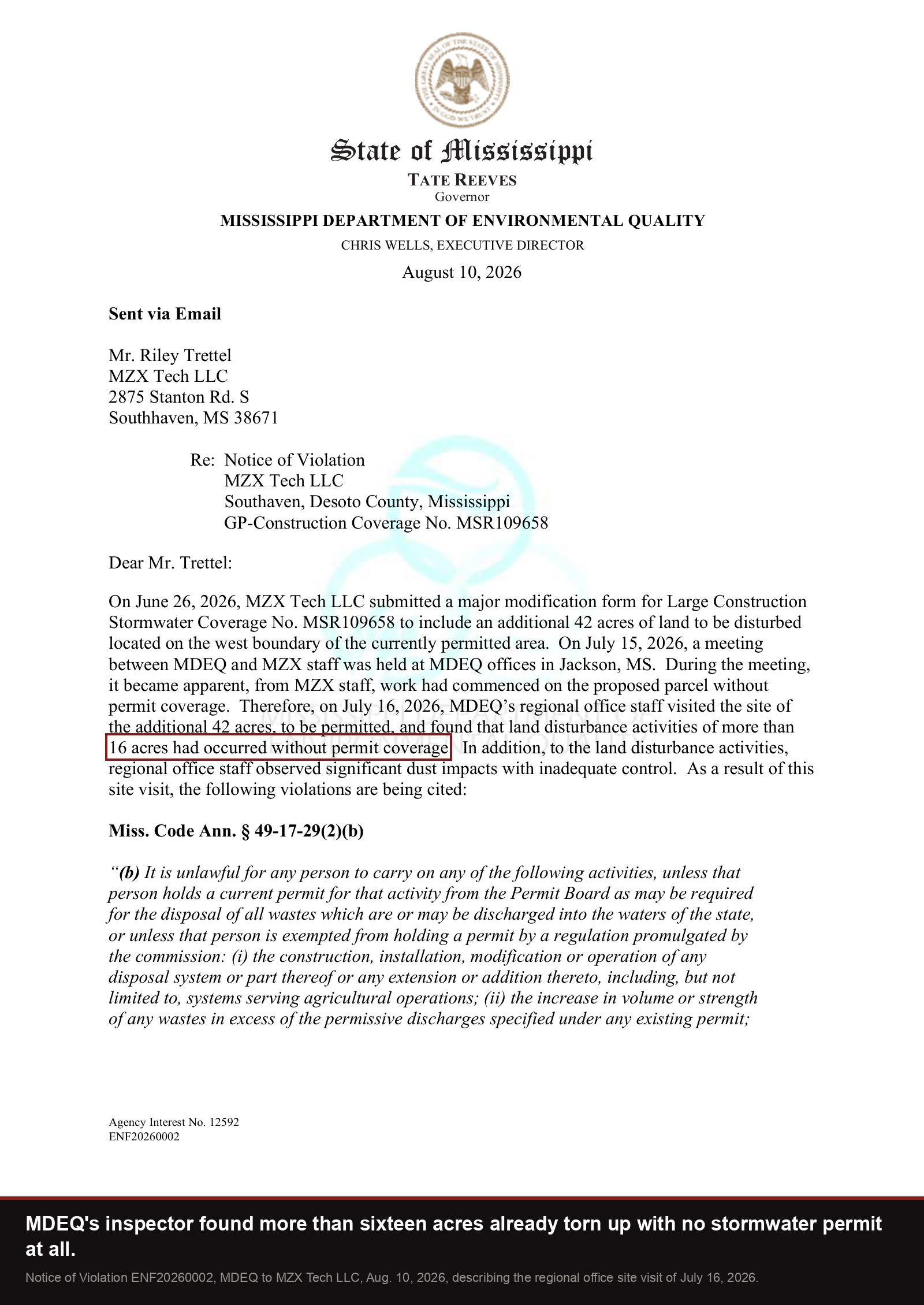 MDEQ Notice of Violation, August 10, 2026: land disturbance activities of more than 16 acres had occurred without permit coverage