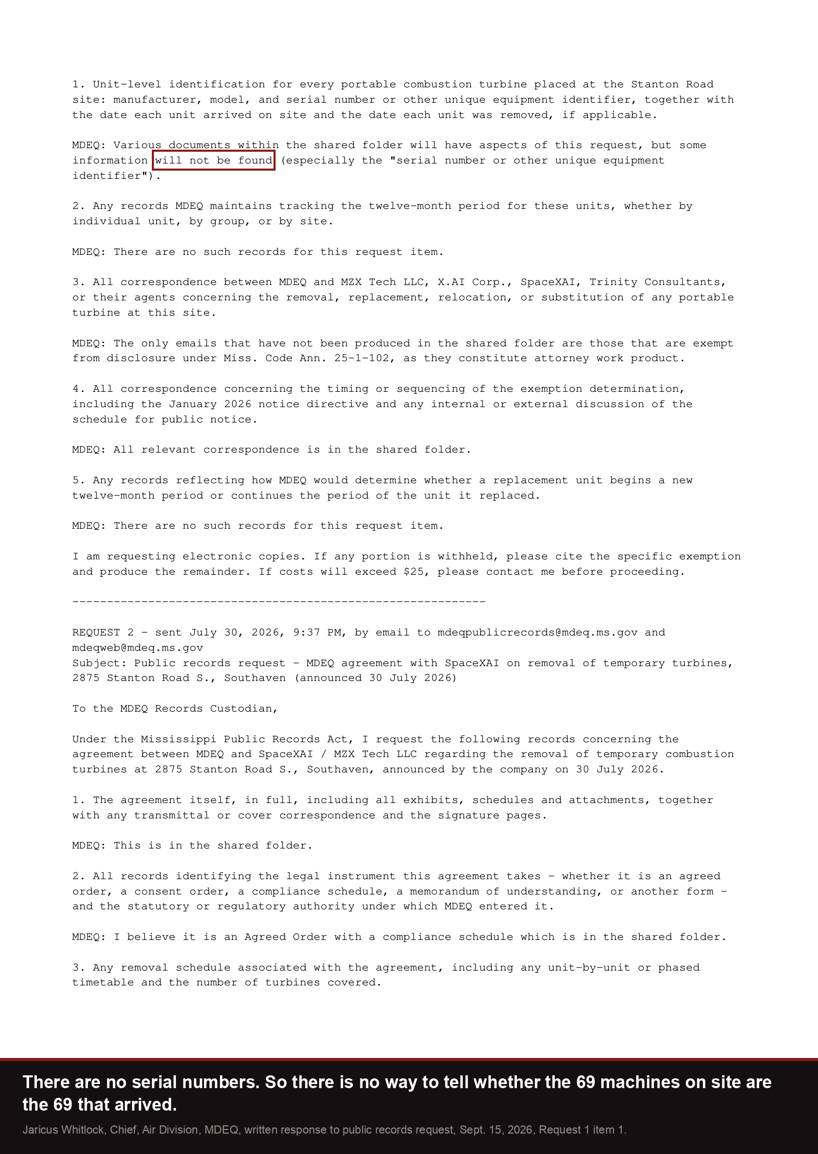 MDEQ's written answer on unit-level identification: some information will not be found, especially the serial number or other unique equipment identifier