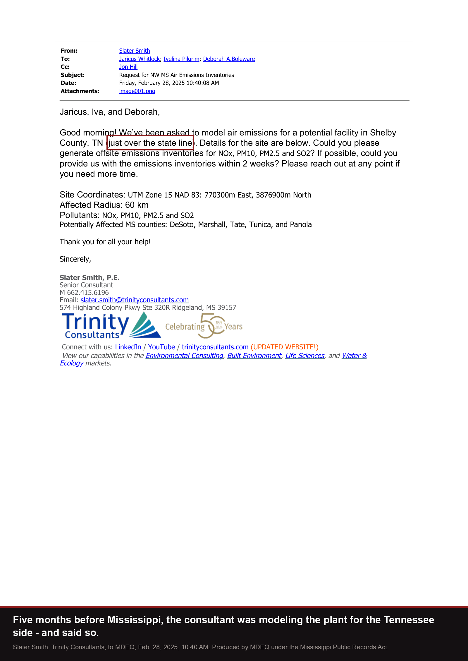 Trinity Consultants to MDEQ, February 28, 2025: we've been asked to model air emissions for a potential facility in Shelby County, TN, just over the state line