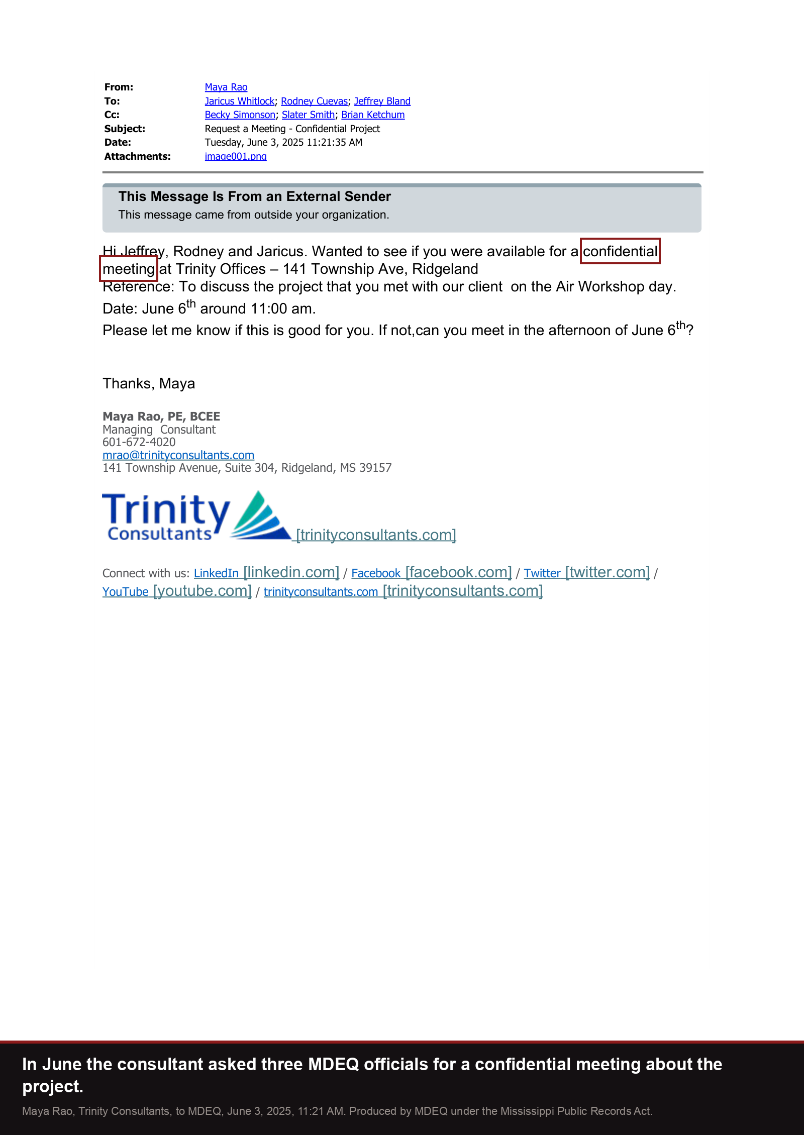 Trinity Consultants to three MDEQ officials, June 3, 2025: asking for a confidential meeting at Trinity's Ridgeland office