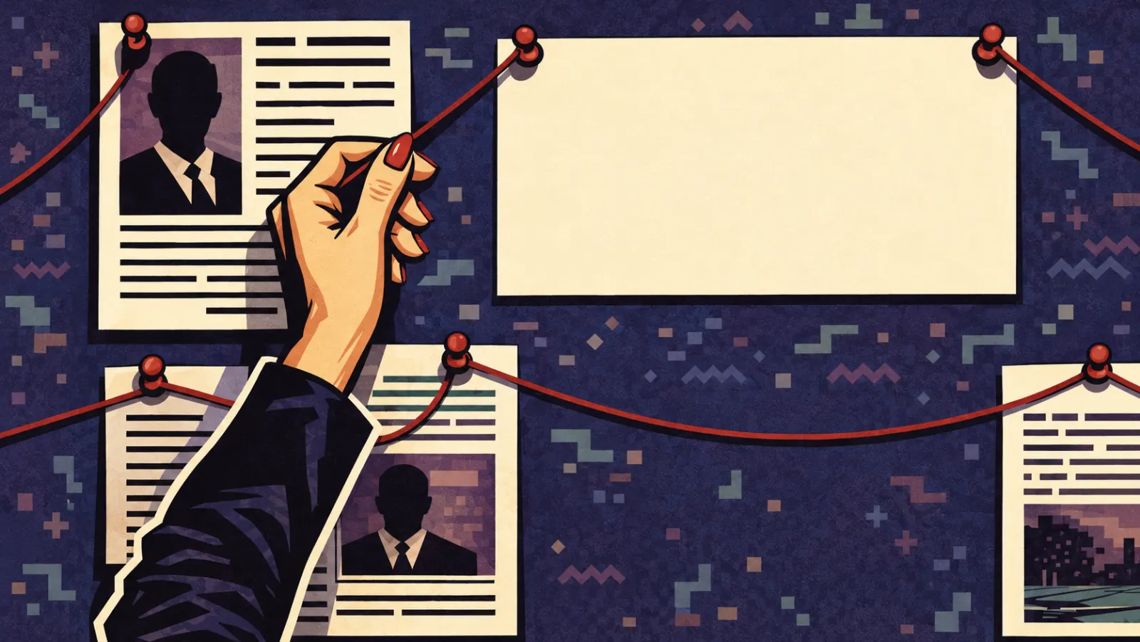 A hand with red nails touching a red evidence string on a pin board covered in documents