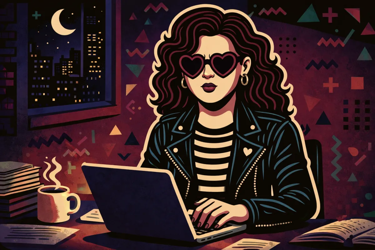 Rachel typing on a laptop at night. Coffee, books and papers are on the desk, and a crescent moon hangs over the city in the window.