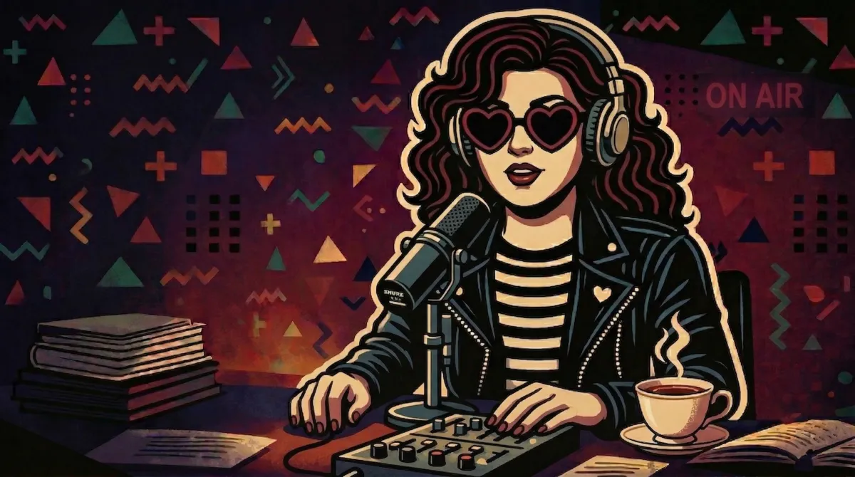 Rachel in her heart sunglasses and moto jacket, headphones on, at a studio microphone with an ON AIR sign glowing behind her.