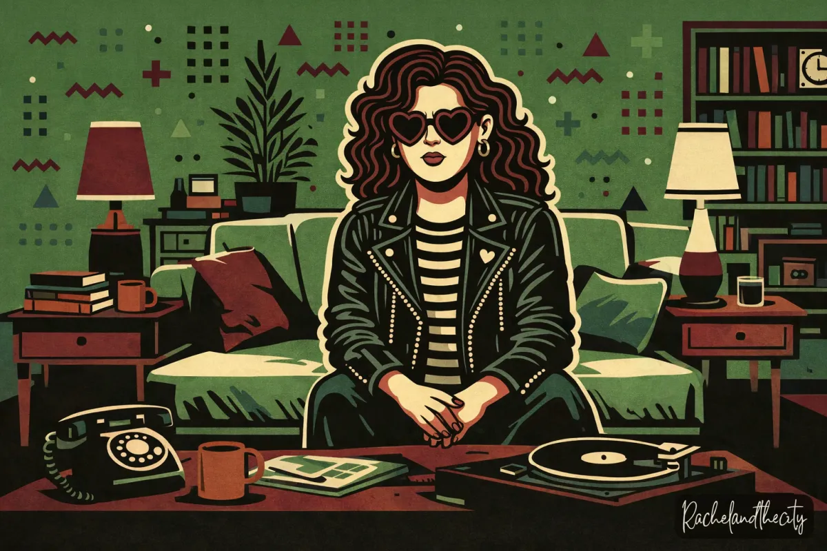 Rachel in her moto jacket, striped top and heart sunglasses, sitting on a green sofa in a lamp-lit living room. A rotary phone and records are on the table in front of her.
