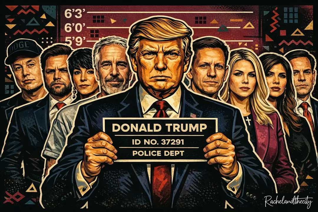 Illustrated police lineup: Donald Trump in front holding a booking placard, other figures lined up behind him.