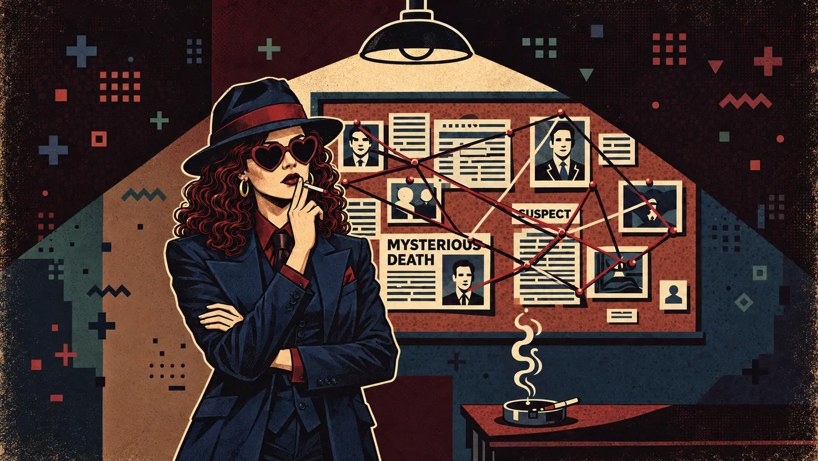 The Daily Grift detective in a navy suit, fedora and heart sunglasses, smoking in front of an evidence board of photos joined by red string.