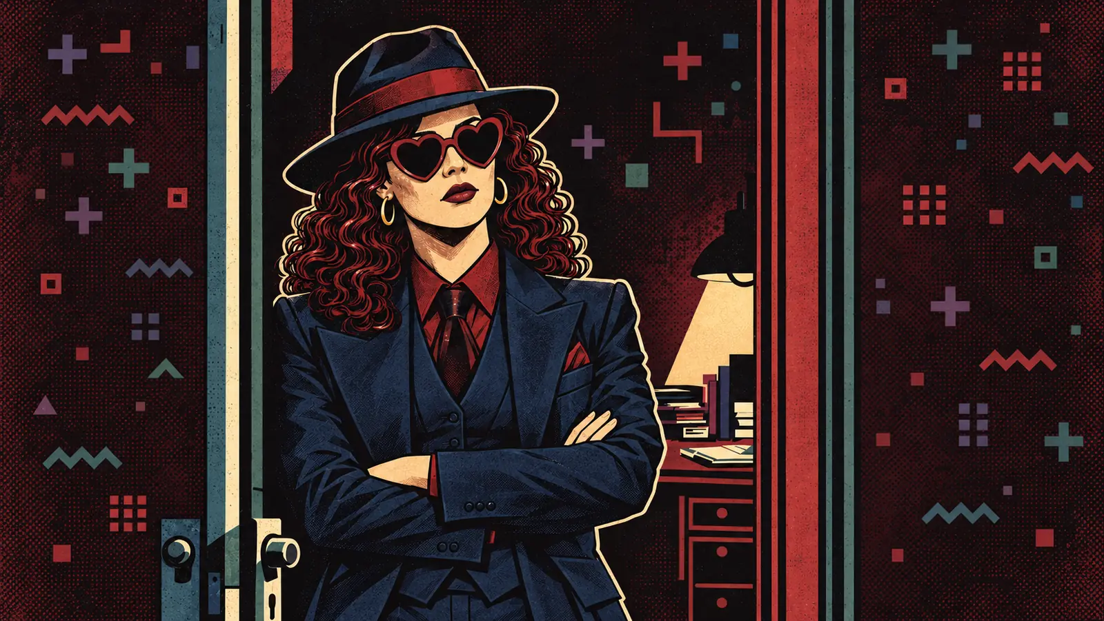 The Daily Grift detective in a navy three-piece suit, fedora and heart sunglasses, arms crossed, standing in her office doorway at night.