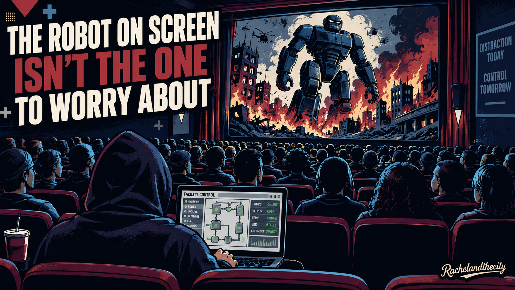The robot on screen isn't the one to worry about. A packed movie theater watches a giant robot destroy a burning city on the big screen, while in the front a person in a dark hoodie works on a laptop showing a Facility control panel for power, cooling, batteries, pumps, valves and the grid. A sign beside the screen reads Distraction today, control tomorrow. Rachelandthecity logo in the bottom right corner.
